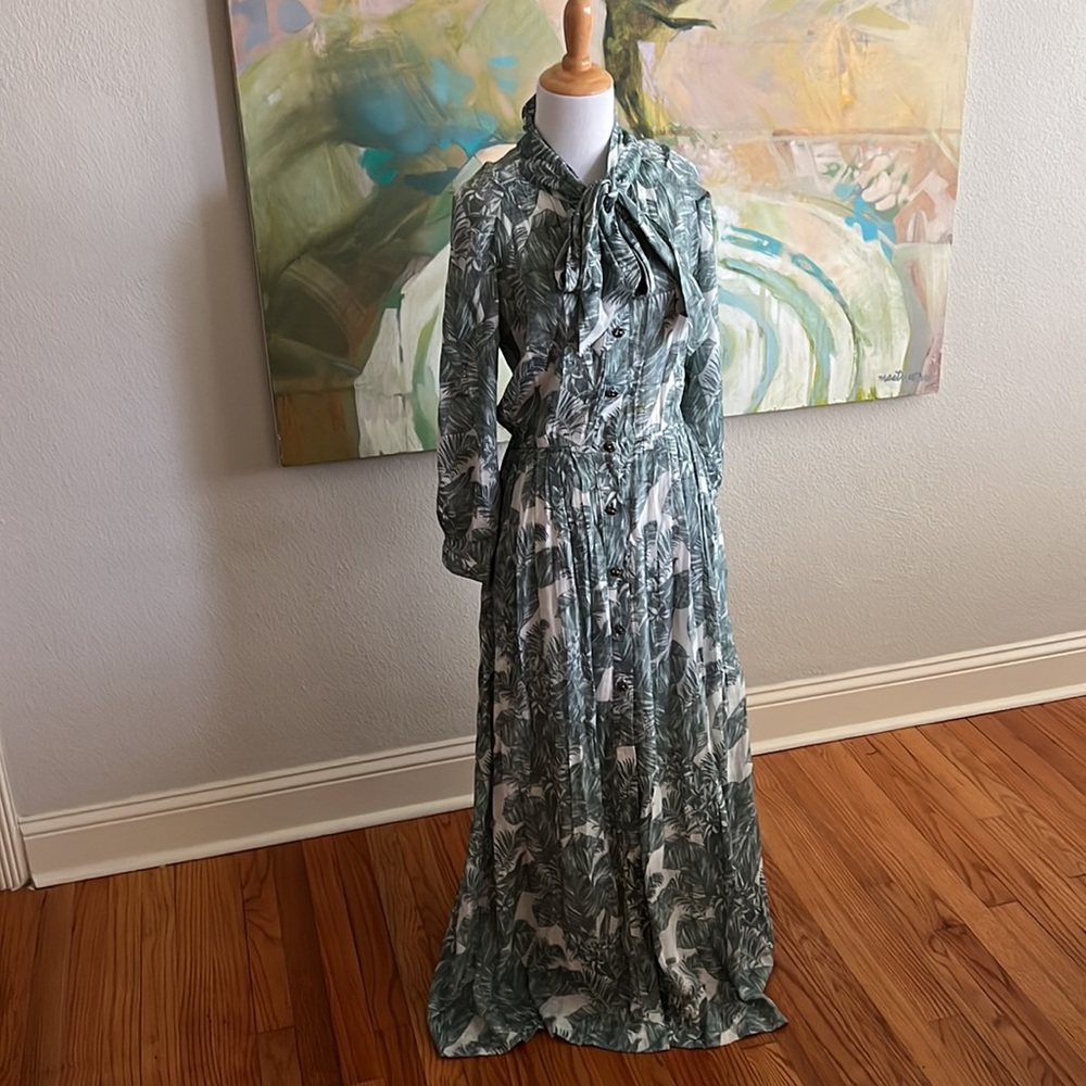 BURU 9 to 5 Maxi Shirt Dress size small Green Tropical Palm Leaf Bow USA